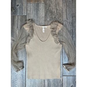 dolan Beige Ribbed Tank with Sheer Polka Dot Sleeves
